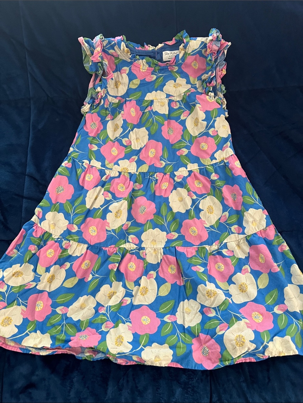 Mint Blue Floral Tiered Dress with Pink & Cream Flowers